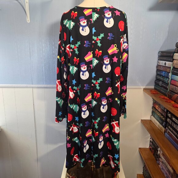 20W Black Red Christmas Santa Holiday Print Longsleeve Midi Dress with Pockets - Picture 8 of 11